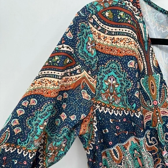 NWT 12 BLOOMCHIC Patchwork boho blue-teal colorful coastal woman maxi dress - Picture 2 of 14